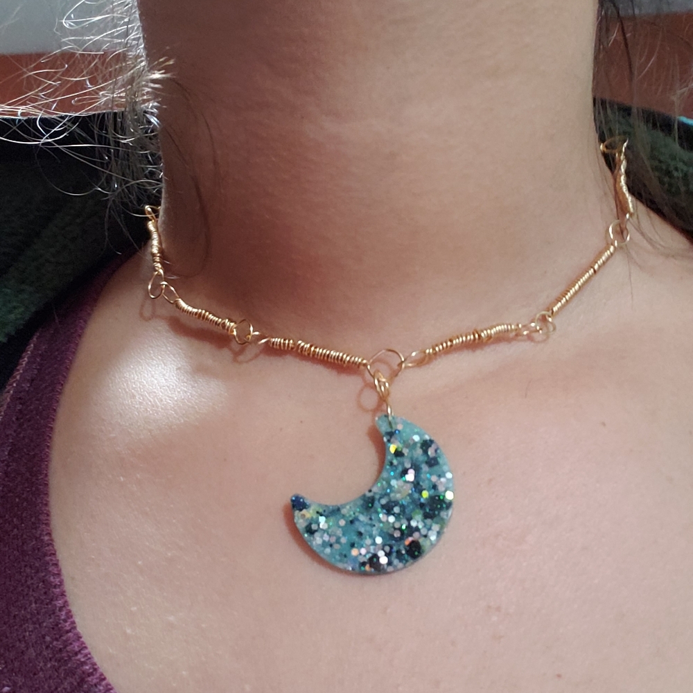 Wire wrap and resin moon necklace